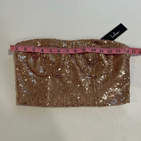 Lulus Rose Gold Sequin Bustier Crop Top Size S NWT Party Holiday Strapless - Picture 6 of 7